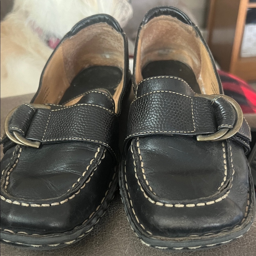 Women’s Black Leather Slip-On Loafers with Buckle Accent